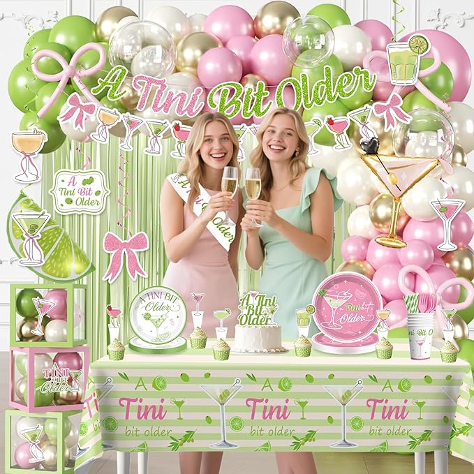 317Pcs A Tini Bit Older Birthday Tableware Set Serves 25 Guests, A Tiny Bit Older Birthday Decorations Include Banner, Plates, Balloons, Cups, Cake Topper for Girls Martini Bachelorette Party Supplies
