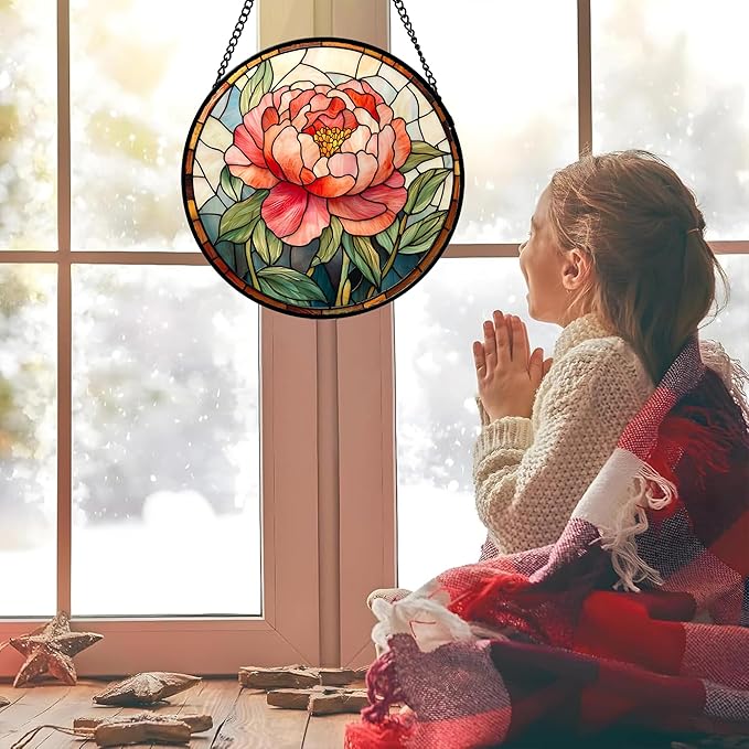 Stained Glass Window Hanging - Pink Peony Floral Suncatcher for Door Garden Yard Birth Flower Sun Catchers Decor Christmas Mother's Day Birthday Gifts for Women Mom Nana Wife Teacher 15 in