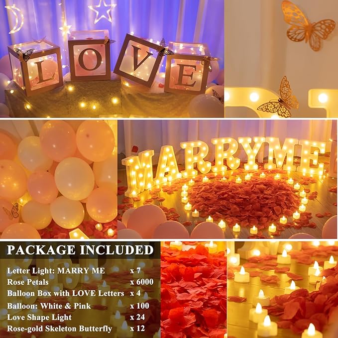 6147pcs Marry Me LED Marquee Light Up Letters Sign Proposal Decorations with 24 LED Heart Shape Light Love Balloon Box for Wedding Valentine Anniversary Party Banquet Props