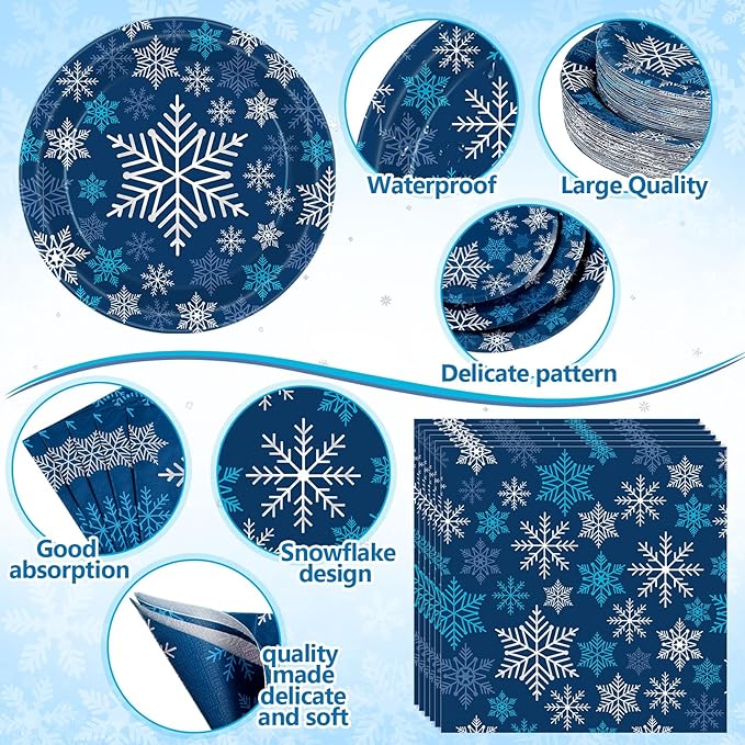 452 Pcs Winter Dark Blue Snowflake Party Supplies for 50, Blue Silver White Snowflake Paper Plates Napkins Cups Tablecloth Cutlery Straws for Winter Birthday Wonderland Party Decoration