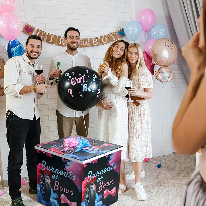 AmazingSpark 28in Jumbo Gender Reveal Gift Box Kit with Oversized Box Giant Pull Bows for Gender Reveal Baby Shower Birthday Party Decor(Burnouts or Bows)