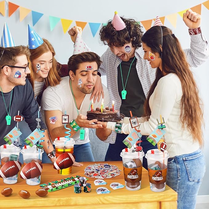 Party Favors Set with Cup Straw Cup Sleeve Bouncy Ball Mini Pinball Machine Keychain Sticker Clap Bracelet Tag for Sport Reward Birthday Gift Party Supplies(195 Pcs,Football)