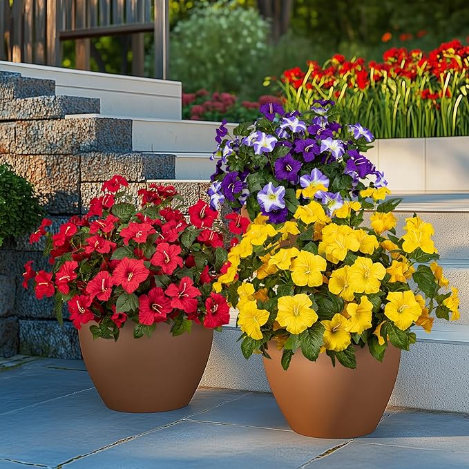 19 Inch Artificial Fake Flowers for Outdoor,4 Pcs Faux Silk Petunias Spring Flowers for Outside for Indoor Porch Planter Front Door Garden Patio Window Box Home Decor(Yellow)