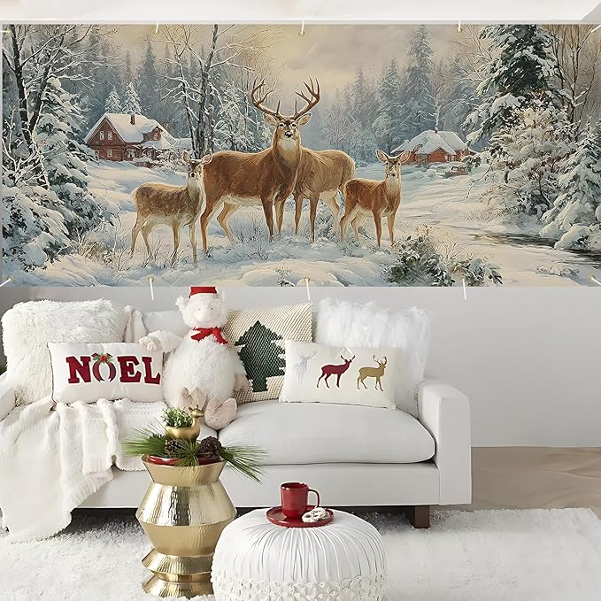 Christmas Garage Door Banner 7x16FT, Winter Reindeer Family Garage Door Cover, Large Outdoor Xmas Decoration for Garage Doors, Garden Fence & Holiday Parties