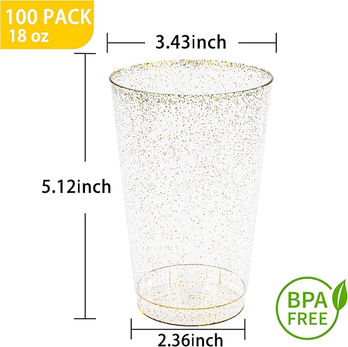 I00000 100 Pack 18 oz Gold Plastic Cups, Gold Glitter Cups Disposable Plastic Wine Glasses Cocktail Glasses Premium Cup, 18 Ounce Glitter Disposable Tumblers for Party & Wedding