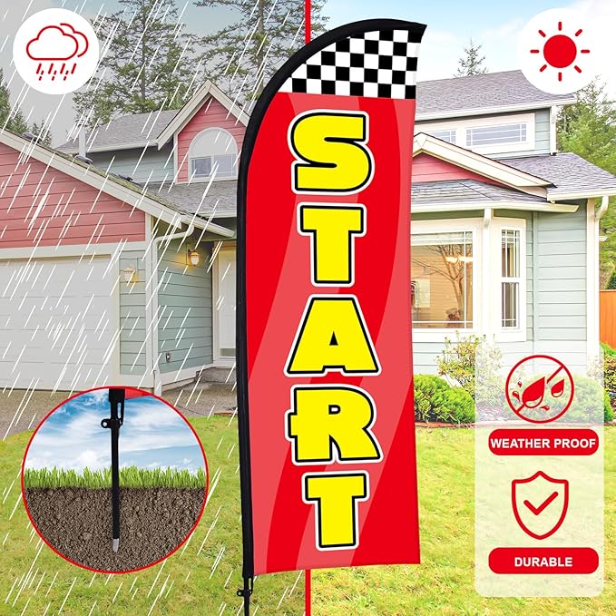 Buryeah 3 Sets Start Finish and Check-in Feather Flag 8 ft Start Advertising Banner Swooper Flag with Pole Kit and Ground Stake for Marathons and Special Events Outside, Red and Green