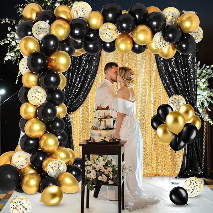 137 Pcs Black Gold Party Backdrop Kits - 4 Sequin Backdrop Curtain 133 Balloon Garland Kit Photo Prop Background for Graduation Birthday Anniversary Weeding Party Decoration