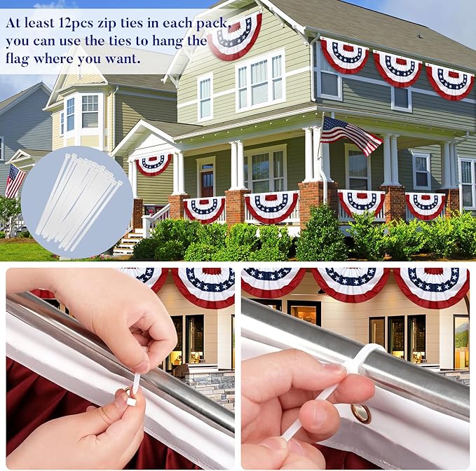 3 Pack American Pleated Fan Flag,3 X 6 FT American Bunting with Brass Grommets and Zip Ties,Patriotic Half Fan Banner Flag Decor, Memorial Day 4th of July Decoration Outdoor