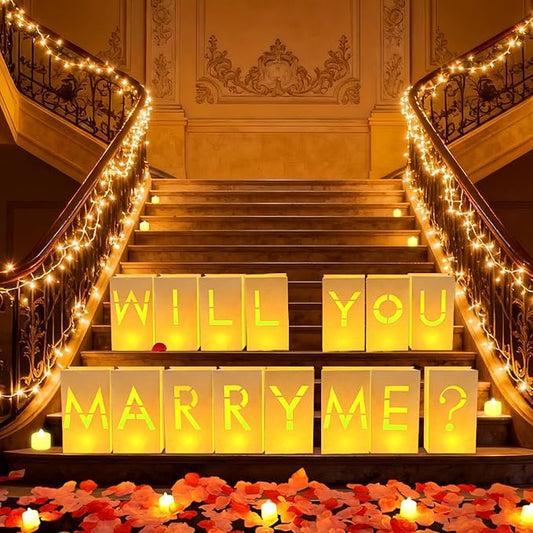 NEXAGEBIUS Will You Marry Me Marriage Proposal Decorations Luminary Bags Light Up Letters Sign Decor 2000 Rose Petals and Candles Set Romantic, Valentines Decor, Engagement Party Banner