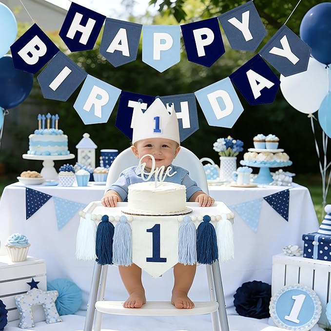 Felt Navy Blue Happy Birthday High Chair Banner Pre-Strung Birthday Hanging Decoration For Baby Boy 1st Birthday Party Decorations