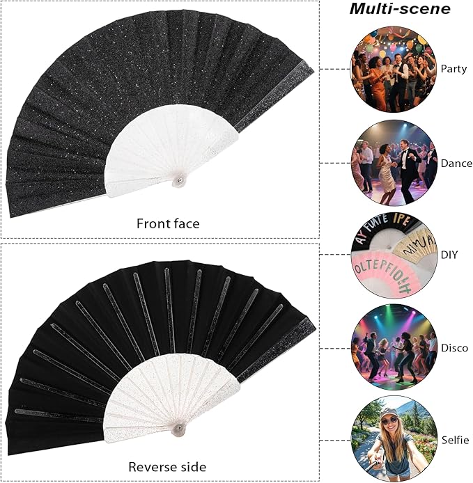 48 Pack Handheld Fan,Folding Hand Glitter fan with Shining Transparent Fan Rib – Ideal for Wedding, Church, Festival, Dance, Tea Party, Club, and EDM Accessories, Black