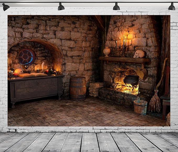 BELECO 10x6.5ft Fabric Spooky Witch Cottage Backdrop Halloween Magic Room Witch Kitchen Fireplace Magical Potion Books Candle Skulls Sorcerer Photography Background Witch Party Decorations Photo Props
