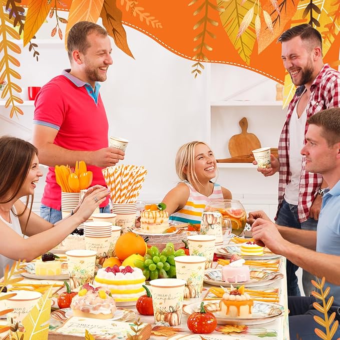 452 Pcs Hello Pumpkin Thanksgiving Fall Party Supplies for 50, Thanksgiving Pumpkins Paper Plates Napkins Cups Tablecloth Cutlery Straws for Autumn Harvest Birthday Baby Shower Decorations
