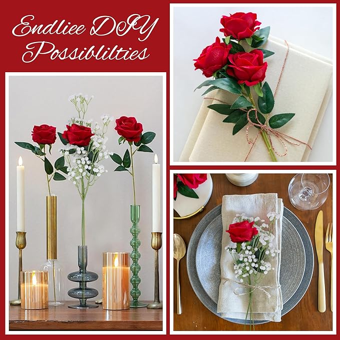 HyeFlora 35 PCS Artificial Red Roses with 15 PCS Fake Baby Breath Realistic Fake Flowers Bouquet with Long Stem for DIY Wedding Party Home Decoration Vase Tables Centerpieces Arrangements Gift for Her