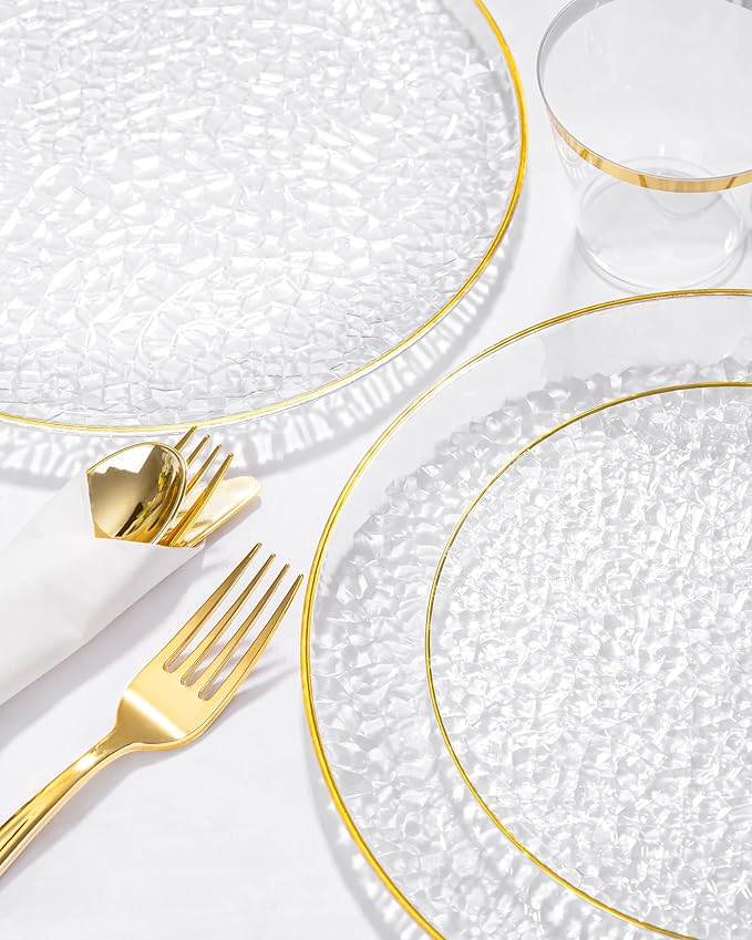 Hioasis 350pcs Clear Gold Plastic Plates - Clear Plastic Dinnerware Set Includes 50 Dinner Plate, 50 Dessert Plate, 50 Cups, 50 Napkins Perfect for Wedding & Party