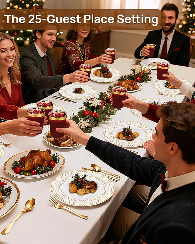 Feagar 175PCS Disposable Plates Set for 25 - Elegant Gold Dinnerware for Party, Wedding, Holiday & Birthday, Includes Dinner & Dessert Plates, Cutlery, Cups, Napkins, Tablecloth & Balloon Decor