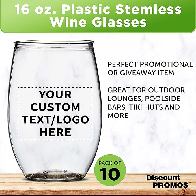 Custom Plastic Stemless Wine Glasses 16 oz. Set of 10, Personalized Bulk Pack - BPA Free, Great for Outdoor Lounges, Poolside, Parties and Other Events - Clear