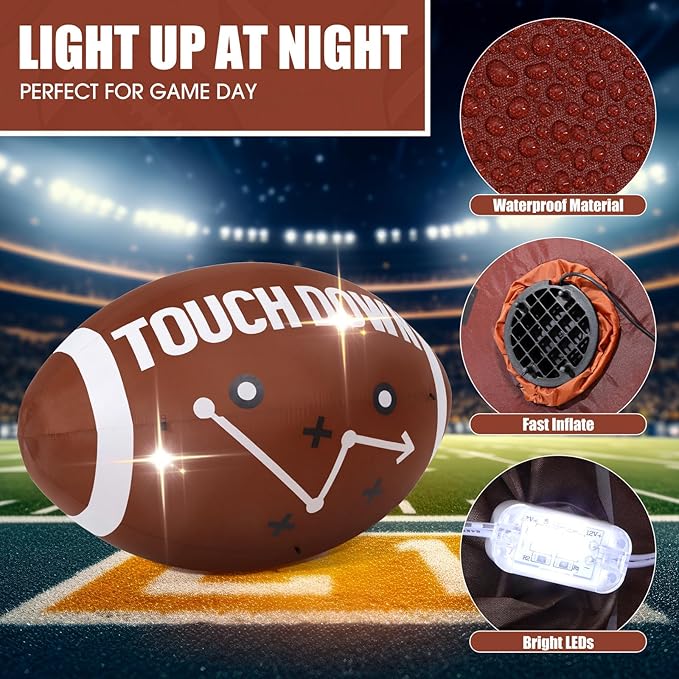 6ft Giant Jumbo Inflatable Football Decoration Blow up Football with Built-in LED Light for Yard Game Day Large Sport Themed Party Holiday Birthday Party Decoration
