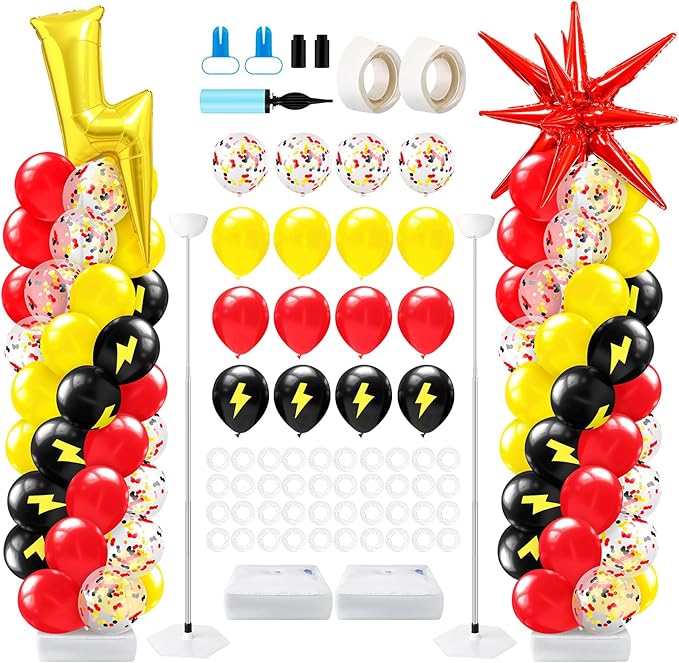 Kasyat 2 Set Cartoon Theme Balloon Column Stand Kit with Lightning Explosion Star Foil Balloons Black Red Yellow Arch Garland Kit for Cartoon Baby Shower Birthday Party Supplies