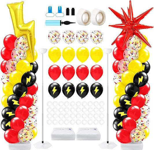Kasyat 2 Set Cartoon Theme Balloon Column Stand Kit with Lightning Explosion Star Foil Balloons Black Red Yellow Arch Garland Kit for Cartoon Baby Shower Birthday Party Supplies
