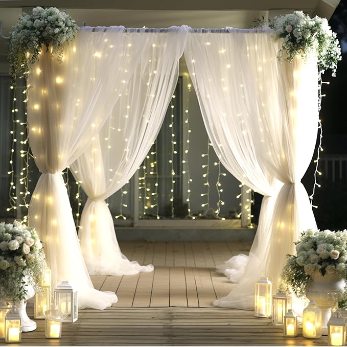 20x10ft White Tulle Backdrop Curtain with Lights String for Parites, Sheer Photo Backdrop Curtains with Lights for Wedding Backdrop Ceremony Reception Bridal Shower Baby Shower Birthday Party
