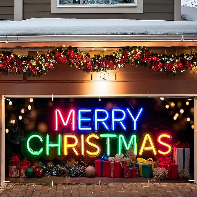 Colorful Neon Merry Christmas Garage Door Banner 7x16FT, Bright Holiday Sign for Xmas, Outdoor Decoration for Garage Doors, Large Garage Cover for Christma