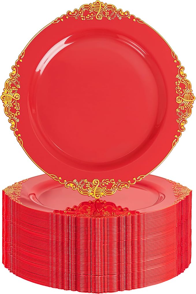 Nervure 100PCS Red and Gold Plastic Plates - 10.25inch Red Disposable Plates - Heavyweight Dinner Plate for Wedding & Party