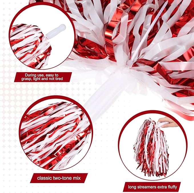 Hanaive 100Pcs Metallic Cheerleading Pom Poms with Baton Handle Cheerleader Pompom Foil 30g Cheering Squad Hand Flowers for Adults Team Spirit Sports Party Cheering