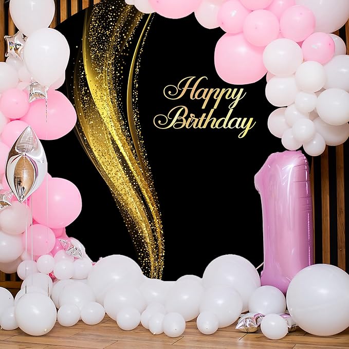 Black and Gold Happy Birthday Round Backdrop Cover 6.5ft Black Background for Photography Shining Gold Sequins Black Arch Backdrop Cover for Women Man Birthday Party Adult Kids Photo Props