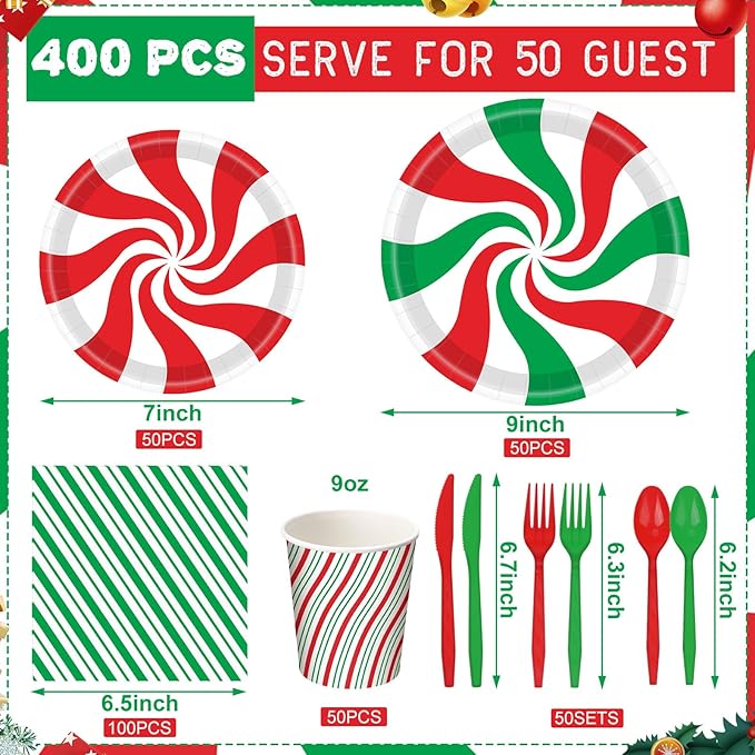 Pickmesh 400 Pcs Christmas Peppermint Candy Paper Plates Napkins Cups Cutlery for Candy Mint Party Supplies, Red and Green Striped Peppermint Party Decorations Tableware Set for Holiday Xmas Serve 50