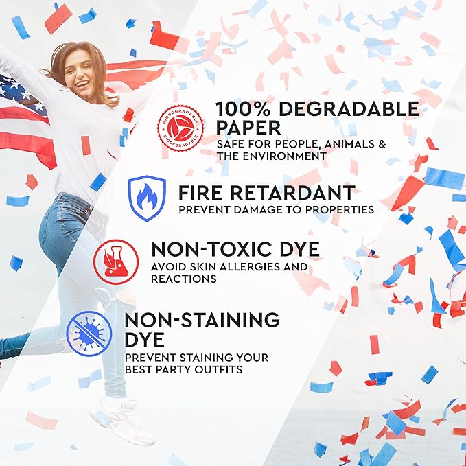 16" America Confetti Cannons | Red White & Blue Confetti Poppers [6 Pack] Biodegradable Paper, Party Poppers for Independence Day/July 4th, Patriotic Events, Conventions or Decorations, Loud Pop