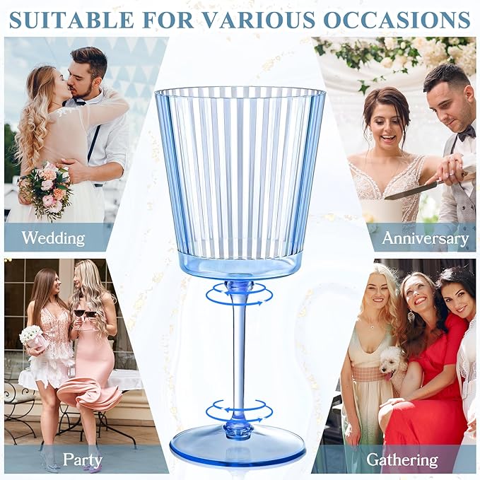 48 PCS Blue Ribbed Plastic Wine Glasses 13.5 OZ Ribbed Wine Glasses Detachable Wine Glass Elegant Fluted Glassware Vintage Style for Wedding Anniversary Birthday Dinner Parties(Blue, 48 Pack)
