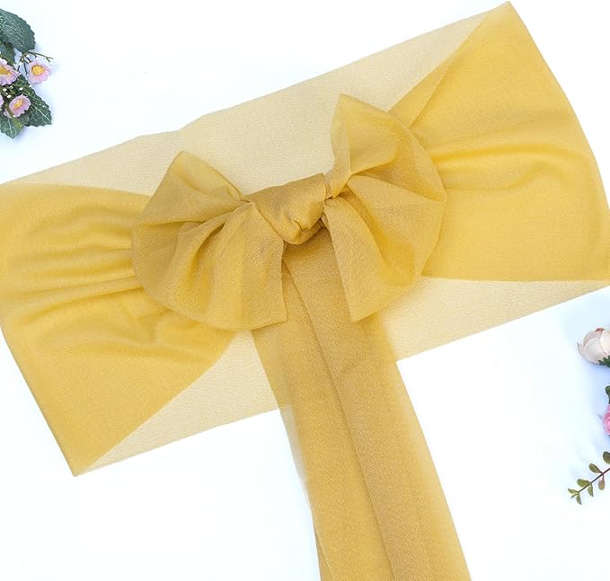 VDS Pack of 250, Gold, Sheer Chiffon Chair Sashes Bows Chair Cover Back Tie Ribbon for Wedding Birthday Baby Shower Engagement Ceremony Event Party Banquet Restaurant Dining Chair Decoration