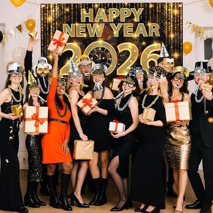 MOVINPE 2026 New Years Eve Party Supplies Bulk Serve 120 - New Year's Banner Backdrop Top Hats, Cone Hats, Tiara, Glasses, Leis, Horns, Blowouts, Noiese Makers, Event Party Favors
