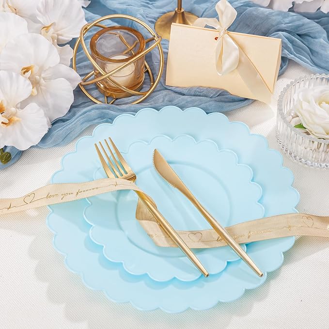 supernal 100pcs Blue Scalloped Plastic Plates-Blue Disposable Plates Heavy Duty-Disposable Plate Set for Party Wedding-Include 50 Plastic Dinner & Dessert Plate Perfect for 50 Guests