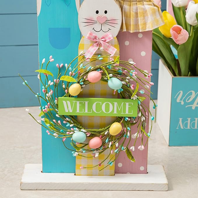 Glitzhome 30" H Easter Wooden Bunny Family Standing Porch Sign, Easter Welcome Sign Decorations for Home or Yard