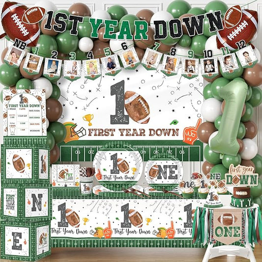 First Year Down Birthday Party Decorations, All-in-1 Football First Birthday Decorations with Balloon Arch Kit Photo Banner Highchair Banner One Boxes Plates Napkins Cake Toppers Tablecloths Backdrop