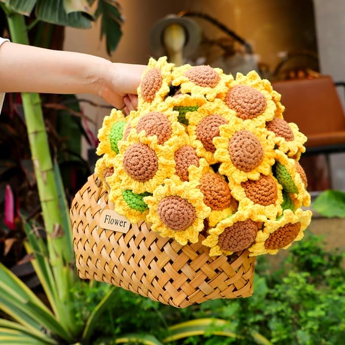 cagulax Birthday Gifts for Women Sunflower, Self Care Birthday Gifts for Best Friend, Mom, Sister, Wife, Grandma, Teacher, Cozy Throw & Decor Sunflower Crochet Flowers Bouquet Blanket 31 Inches