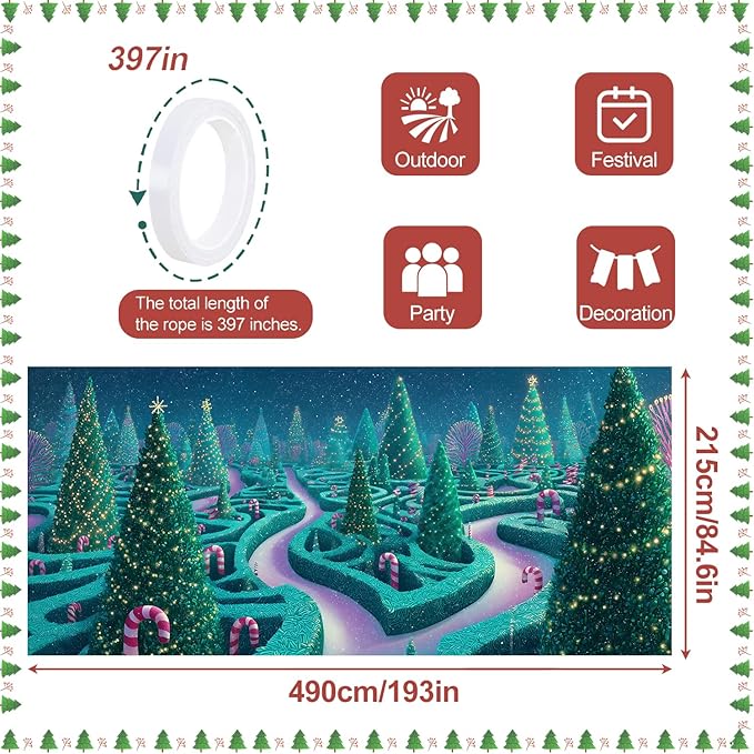 Christmas Maze with Trees Garage Door Banner 7x16FT, Winter Wonderland Holiday Scene, Outdoor Xmas Decoration for Garage Doors, Large Garage Cover for Christma