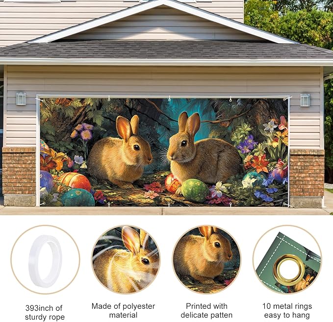 Easter Bunnies and Eggs Garage Door Banner 7x16FT, Cute Bunnies and Colorful Eggs Outdoor Spring Holiday Decoration for Yard and Garage
