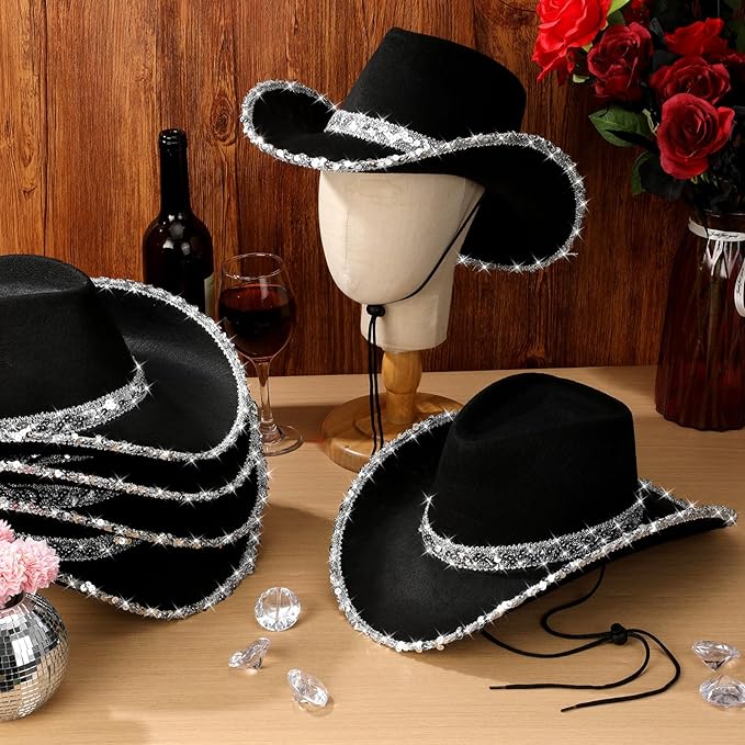 Hercicy 6 Pack Western Cowboy Hats with Rhinestone Tassel Bands Sequin Trim Sparkly Cowgirl Party Hats for Adults Women Men