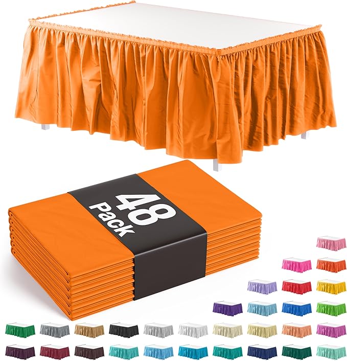 Exquisite Ruffle Table Skirt Orange 48 Pack 14 Ft Long Table Skirts for Rectangle Tables 6ft Plus or Round Tables Skirts with Adhesive Strip for Gender Reveal Decor & Happy Birthday Parties