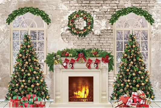 YongFoto Christmas Fireplace Backdrop 15x10ft Room Christmas Trees Red Socks Vintage Wall Photography Background New Year Xmas Eve Family Winter Holiday Party Banner Photoshoot Wallpaper Photo Booth