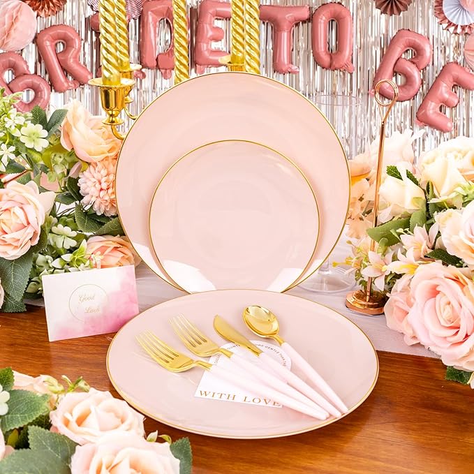 Liacere 150PCS Plastic Plates-Gold Plastic Silverware with Pink Handle - Pink Disposable Plates Include 30 Guests Plates, Forks, Spoons, Knives for Wedding＆Easter Day＆Galentines day＆Valentine's Day
