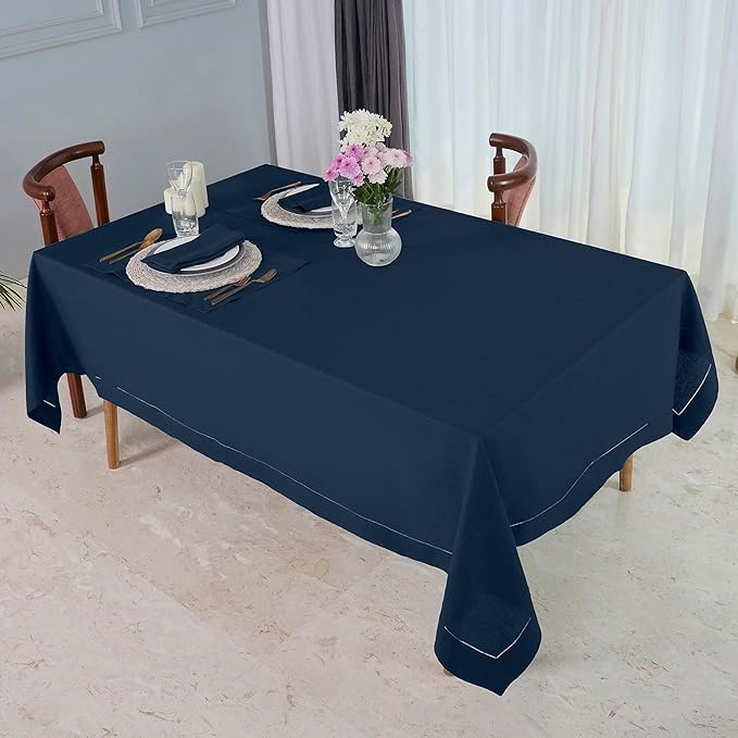 D'Moksha Homes Navy Blue Linen Tablecloth for Rectangle Tables 60 x 90 Inch - 100% Pure Linen Navy Table Cloth - Classic Hemstitch, Machine Washable Tablecloth for Easter
