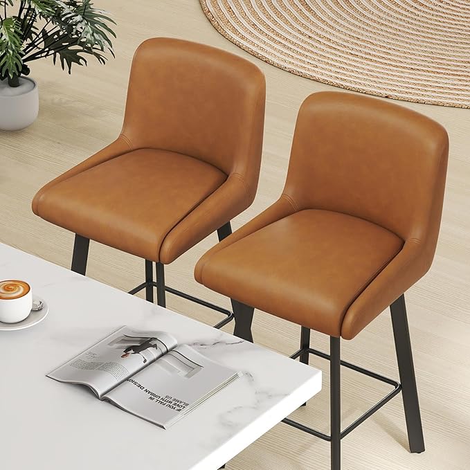 Swivel Counter Height Bar Stools Set of 2, 26''H Upholstered Barstools with Backs, Modern Bar Stool Chairs for Kitchen Island, Metal Legs, Faux Leather, Whiskey Brown Stools Counter Chair