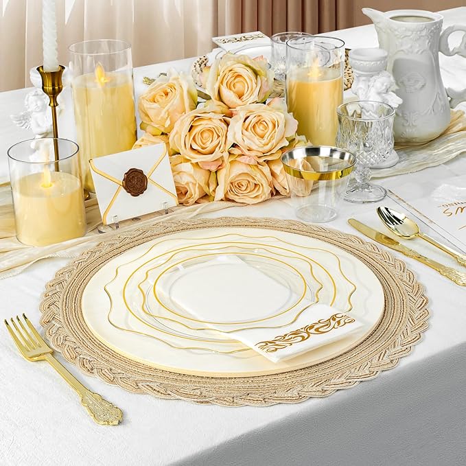 350 PCS Clear and Gold Plastic Plates, Gold Disposable Plates for 50 Guests, Includes 100 Disposable Plates, 50 Cups, 150 Silverwares, and 50 Napkins for Party, Graduation and Wedding