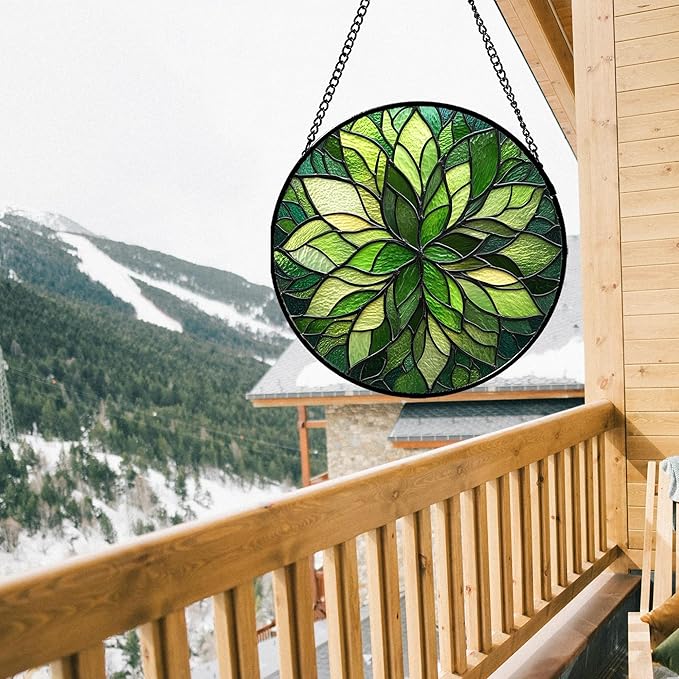 Stained Glass Window Hanging - Green Gradient Flowers Suncatcher for Doors Window Home Plant Sun Catchers Decor Christmas Mother's Day Birthday Gifts for Teacher Women Men Mom Nana 11.8 in