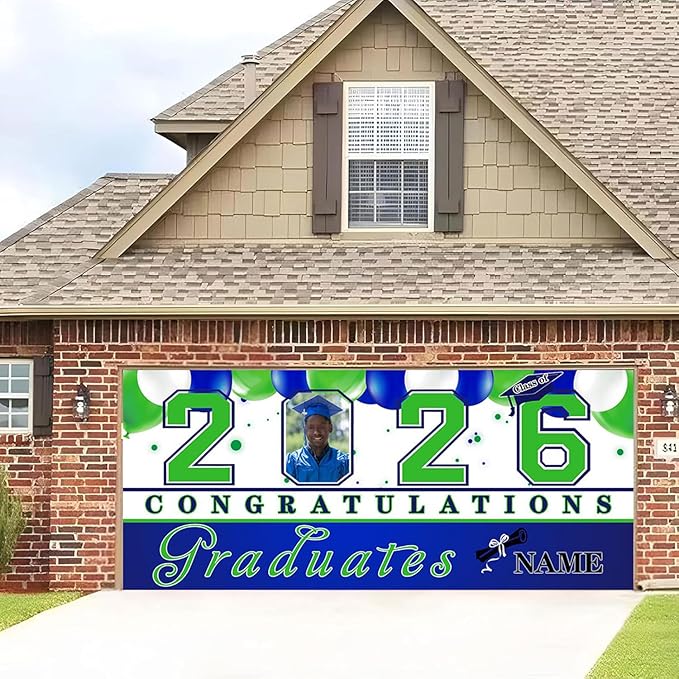 Custom Photo Graduation Garage Door Banner Personalized 2026 Grad Banner 7x16ft Porch Door Sign Decoration Outdoor Photo Booth Backdrop Party Supplies(Navy Blue)