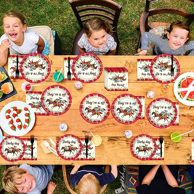 50 Guests Derby Day Plates and Napkins Party Supplies Kentucky Horse Racing Party Decorations Disposable Tableware Set Run for the Roses Dinnerware Favor for Race Day Kentucky Horse Party, 200PCS